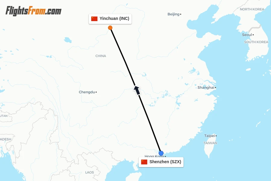 Flights from Shenzhen to Yinchuan route map
