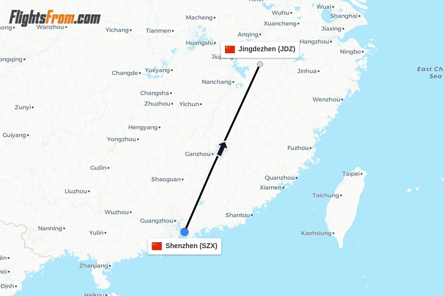 Flights from Shenzhen to Jingdezhen route map