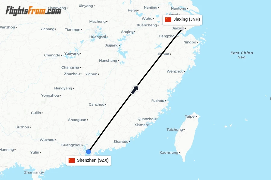 Flights from Shenzhen to Jiaxing route map