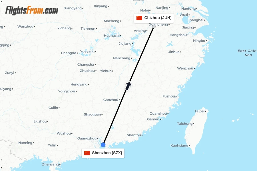 Flights from Shenzhen to Chizhou route map