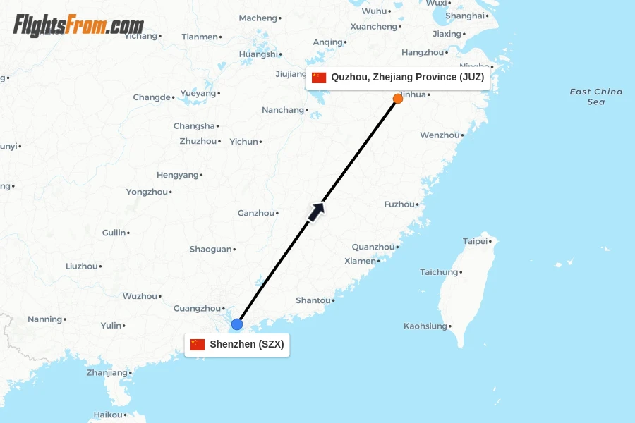 Flights from Shenzhen to Quzhou, Zhejiang Province route map