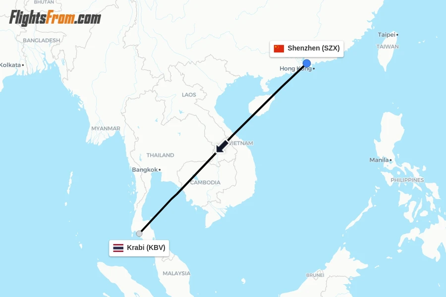 Flights from Shenzhen to Krabi route map