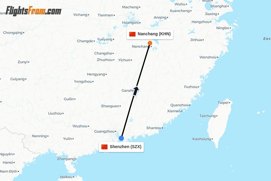 Flights from Shenzhen to Nanchang route map
