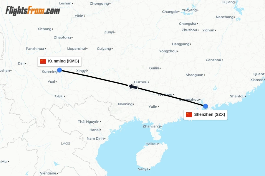 Flights from Shenzhen to Kunming route map