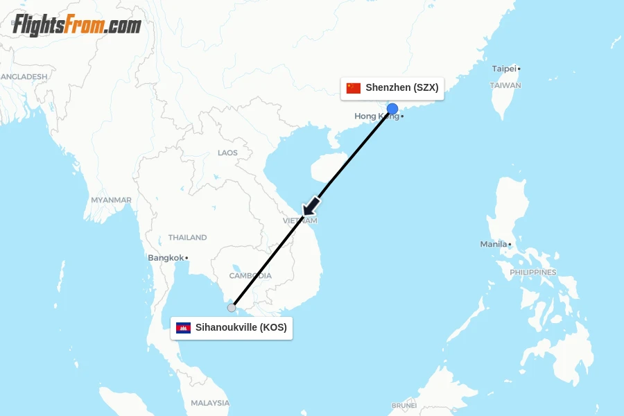 Flights from Shenzhen to Sihanoukville route map