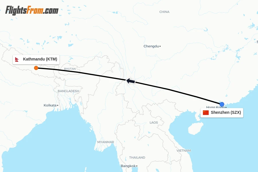 Flights from Shenzhen to Kathmandu route map