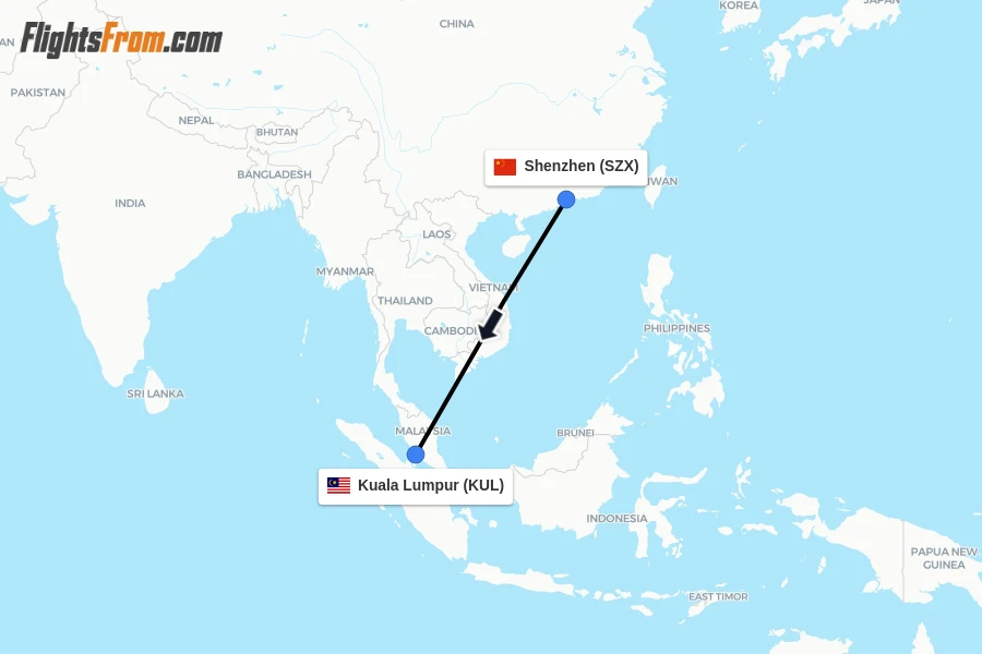 Flights from Shenzhen to Kuala Lumpur route map