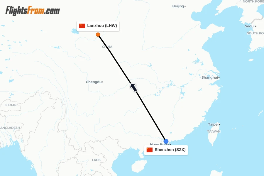 Flights from Shenzhen to Lanzhou route map