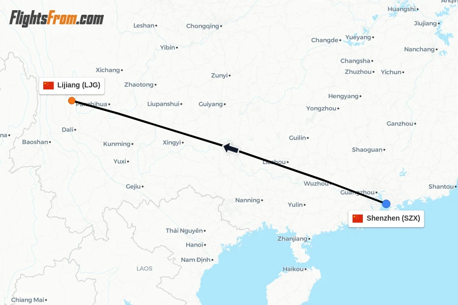 Flights from Shenzhen to Lijiang route map