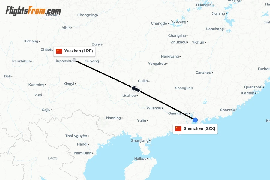 Flights from Shenzhen to Yuezhao route map