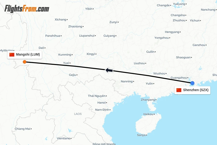 Flights from Shenzhen to Mangshi route map