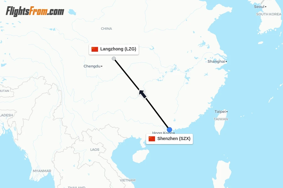 Flights from Shenzhen to Langzhong route map