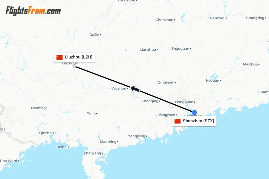 Flights from Shenzhen to Liuzhou route map