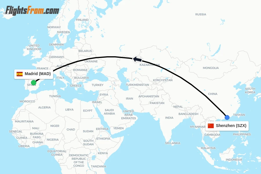 Flights from Shenzhen to Madrid route map