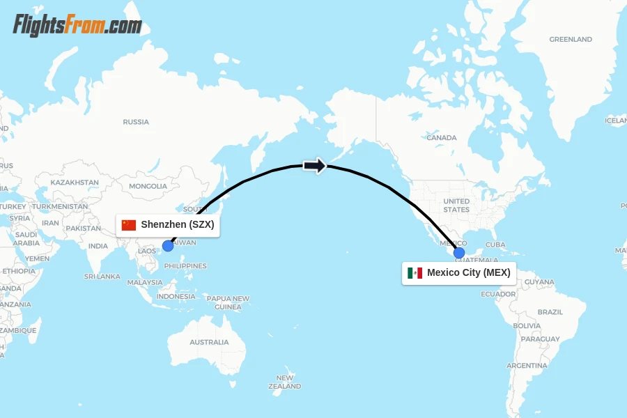 Flights from Shenzhen to Mexico City route map