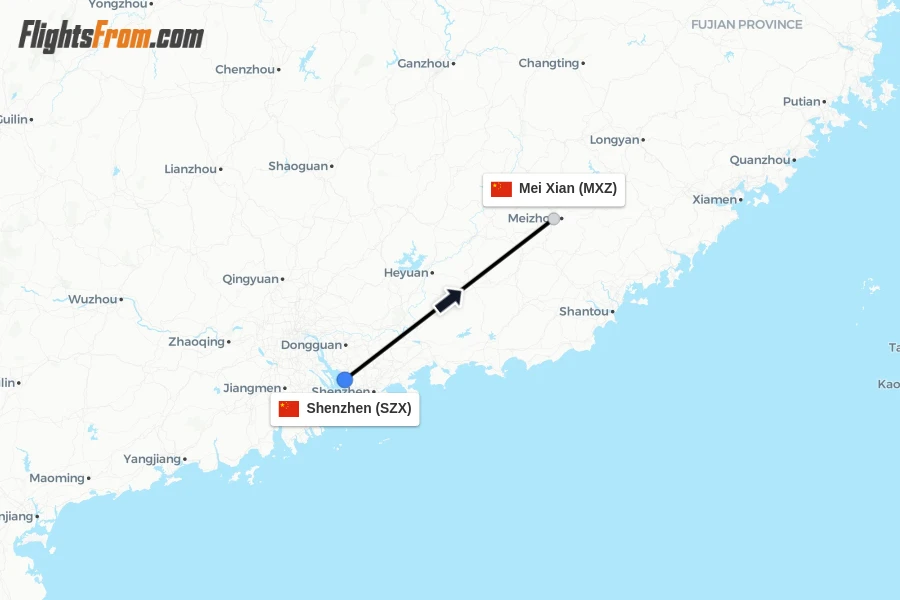 Flights from Shenzhen to Mei Xian route map