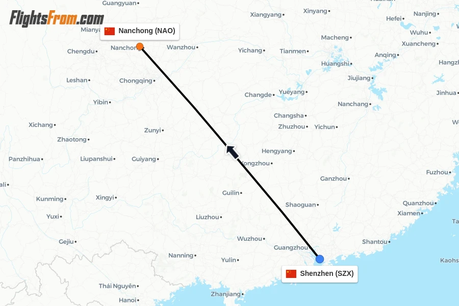 Flights from Shenzhen to Nanchong route map