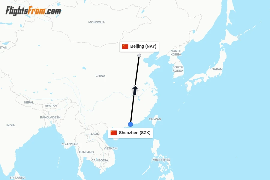 Flights from Shenzhen to Beijing route map
