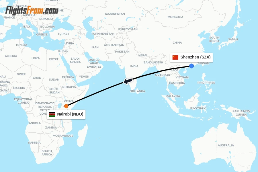 Flights from Shenzhen to Nairobi route map