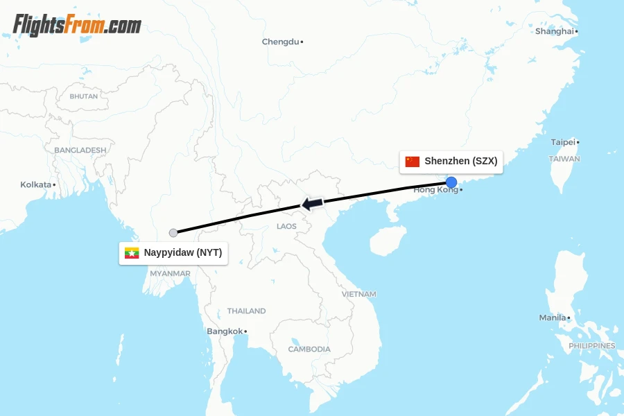 Flights from Shenzhen to Naypyidaw route map