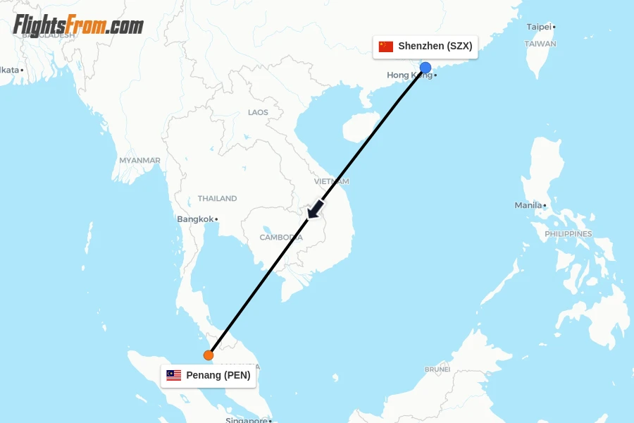 Flights from Shenzhen to Penang route map