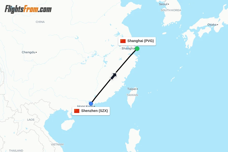 Flights from Shenzhen to Shanghai route map