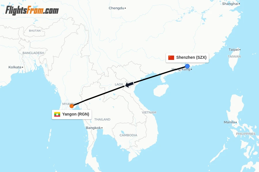 Flights from Shenzhen to Yangon route map
