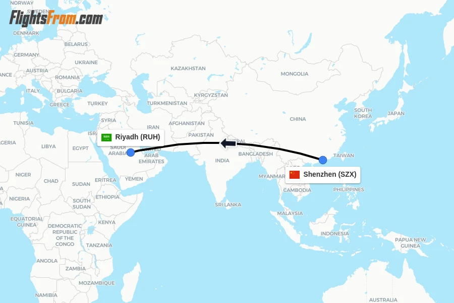 Flights from Shenzhen to Riyadh route map
