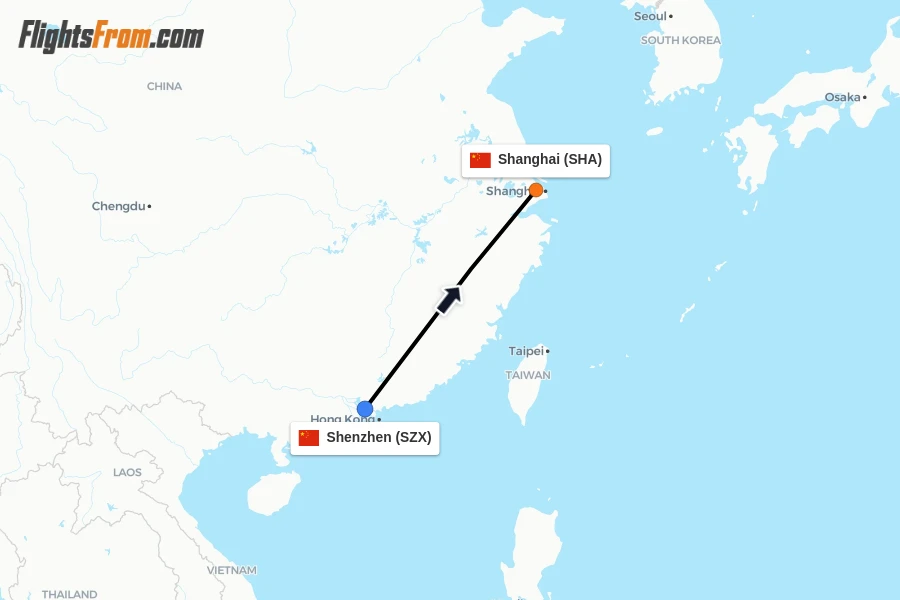 Flights from Shenzhen to Shanghai route map
