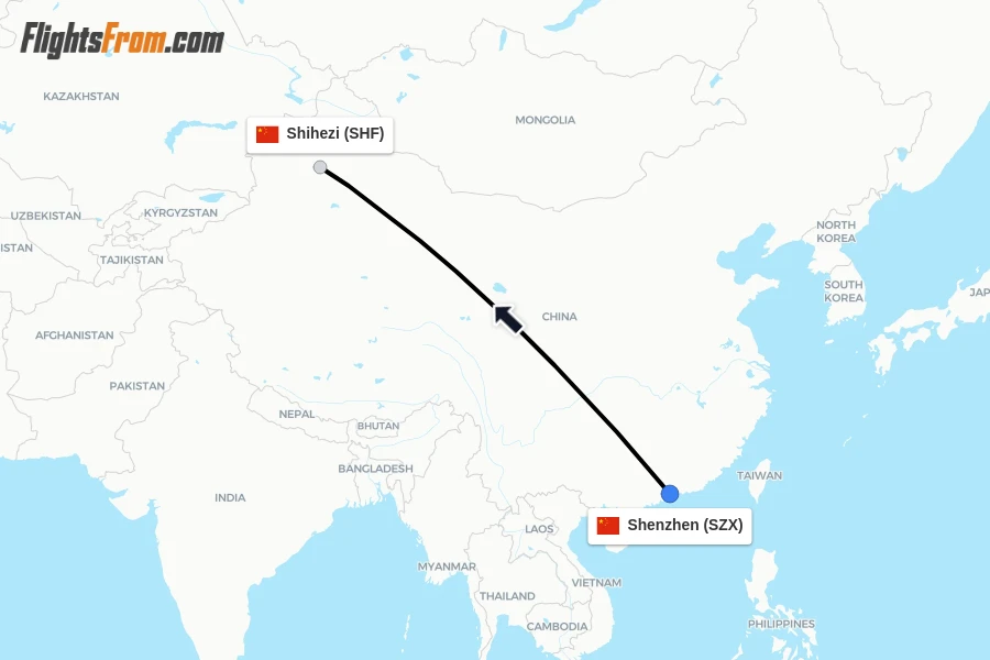 Flights from Shenzhen to Shihezi route map