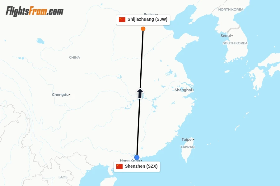 Flights from Shenzhen to Shijiazhuang route map
