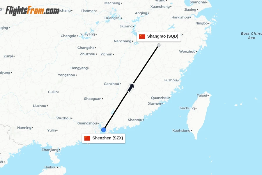 Flights from Shenzhen to Shangrao route map