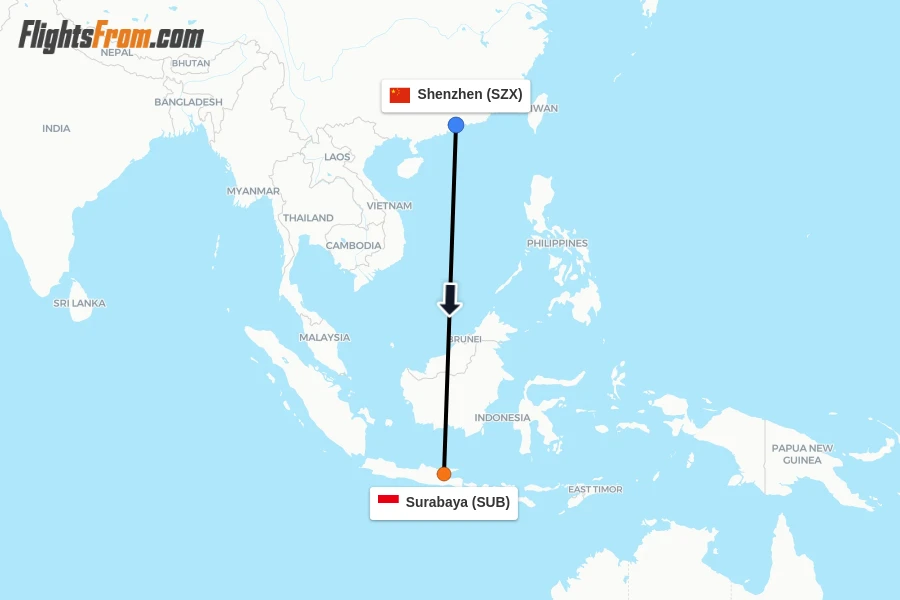 Flights from Shenzhen to Surabaya route map