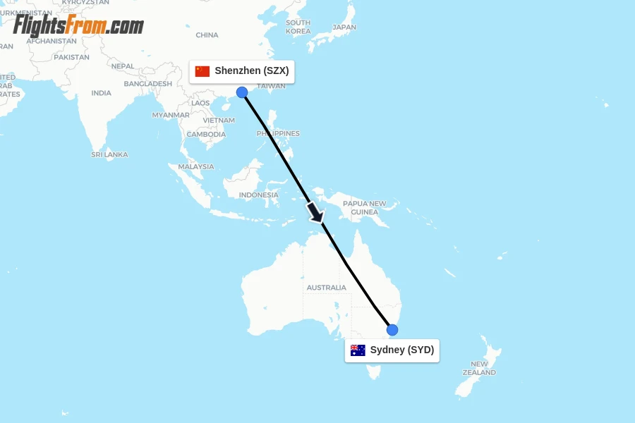 Flights from Shenzhen to Sydney route map