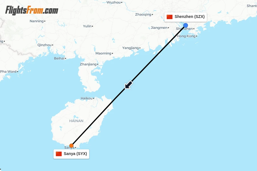 Flights from Shenzhen to Sanya route map