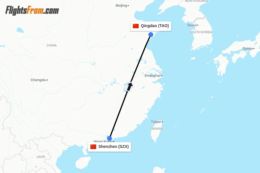 Flights from Shenzhen to Qingdao route map