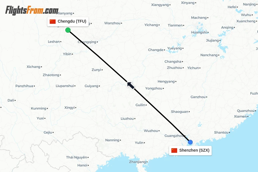 Flights from Shenzhen to Chengdu route map