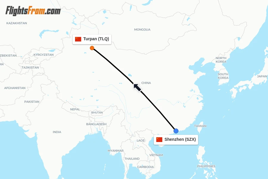 Flights from Shenzhen to Turpan route map