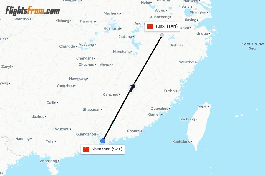 Flights from Shenzhen to Tunxi route map