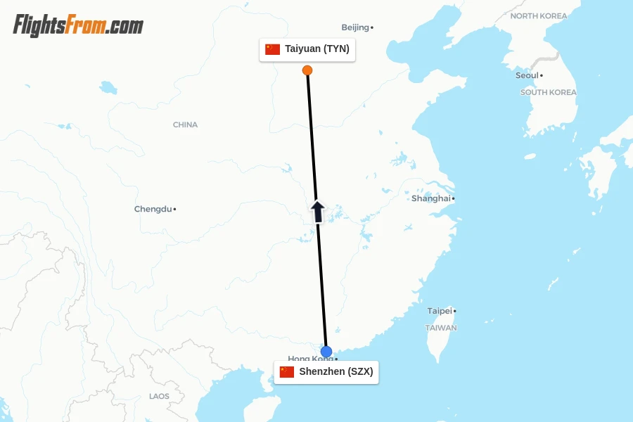 Flights from Shenzhen to Taiyuan route map