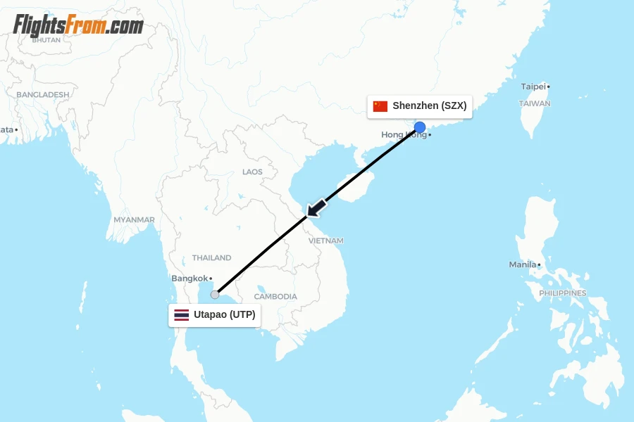 Flights from Shenzhen to Utapao route map