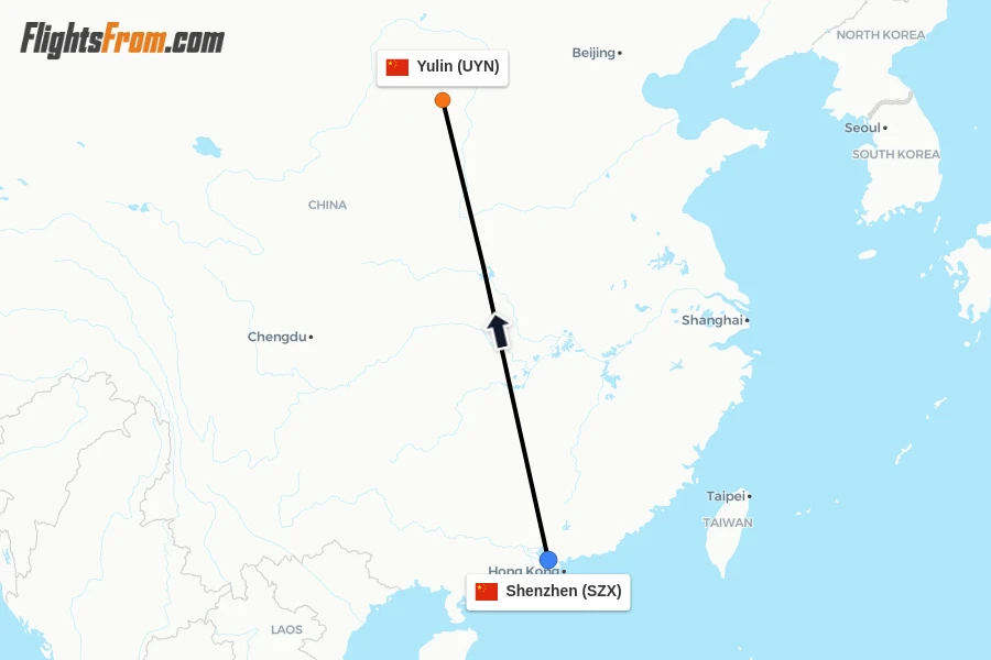 Flights from Shenzhen to Yulin route map
