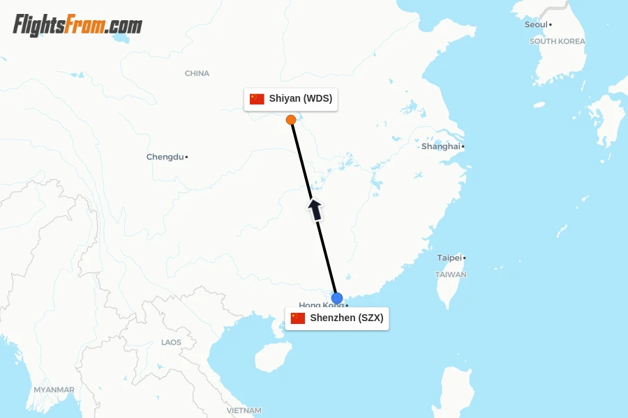 Flights from Shenzhen to Shiyan route map