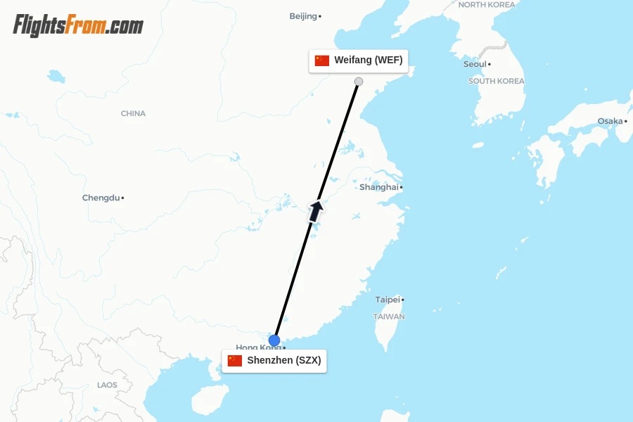 Flights from Shenzhen to Weifang route map