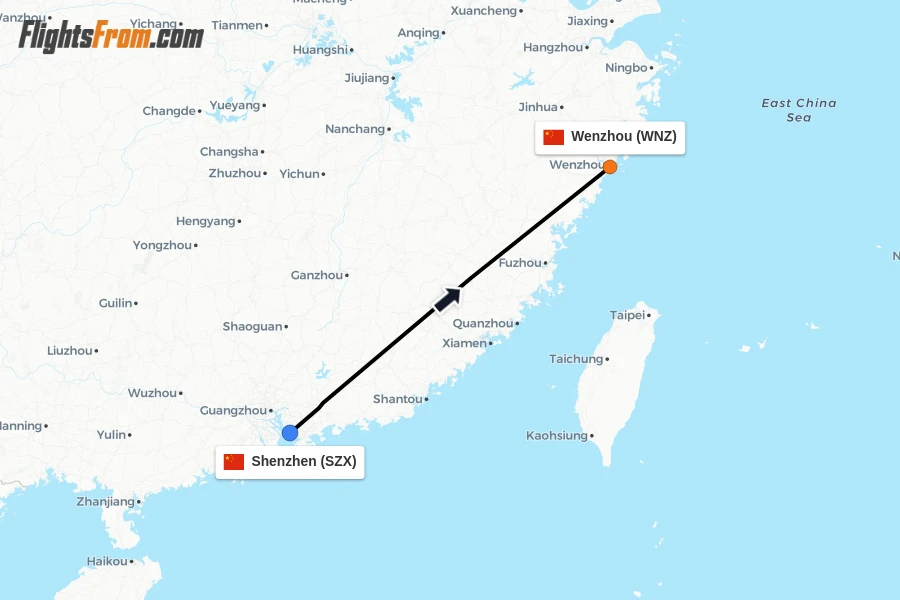 Flights from Shenzhen to Wenzhou route map
