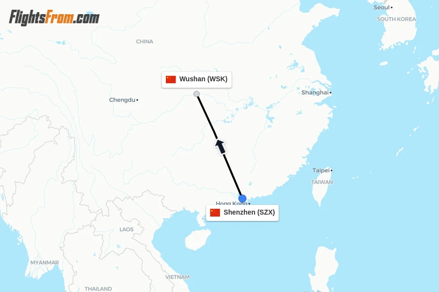 Flights from Shenzhen to Wushan route map