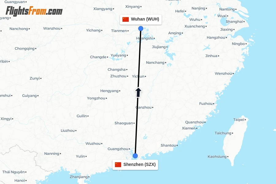 Flights from Shenzhen to Wuhan route map