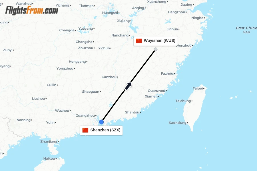 Flights from Shenzhen to Wuyishan route map