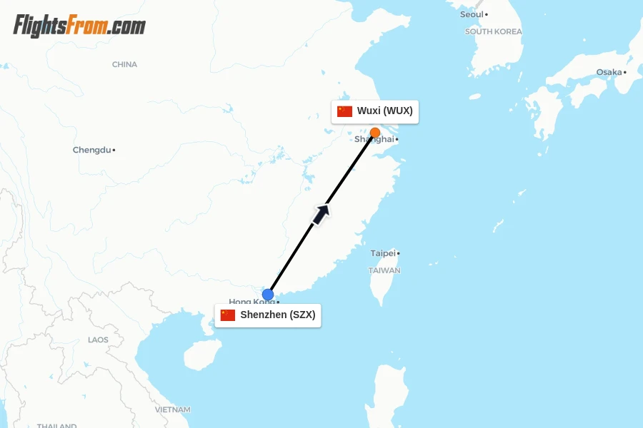 Flights from Shenzhen to Wuxi route map