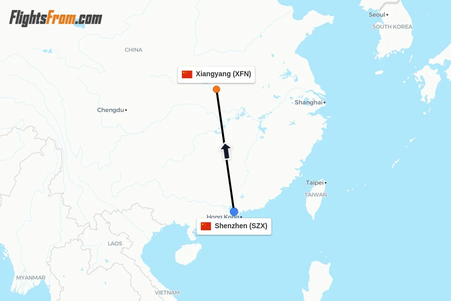 Flights from Shenzhen to Xiangyang route map